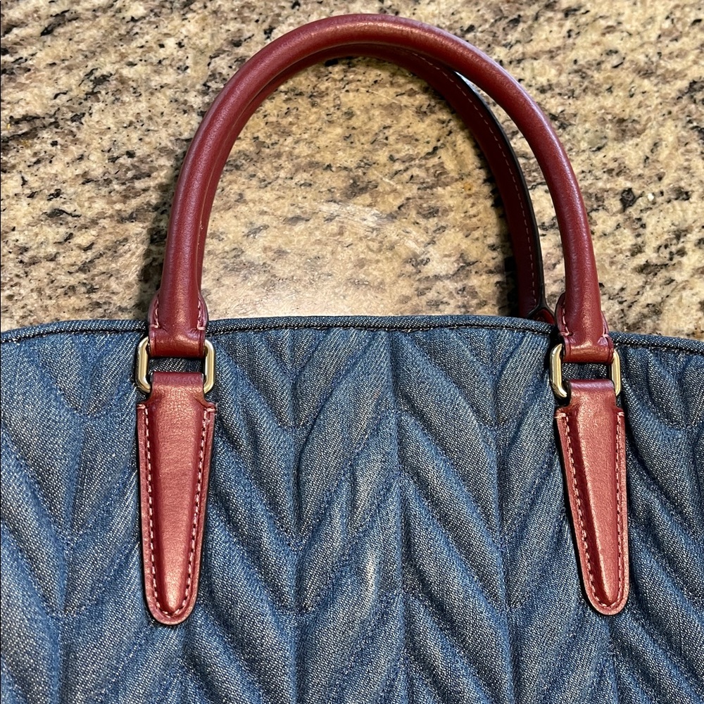 Coach Quilted Navy Denim Satchel with Burgundy Leather Trim - Picture 13 of 15